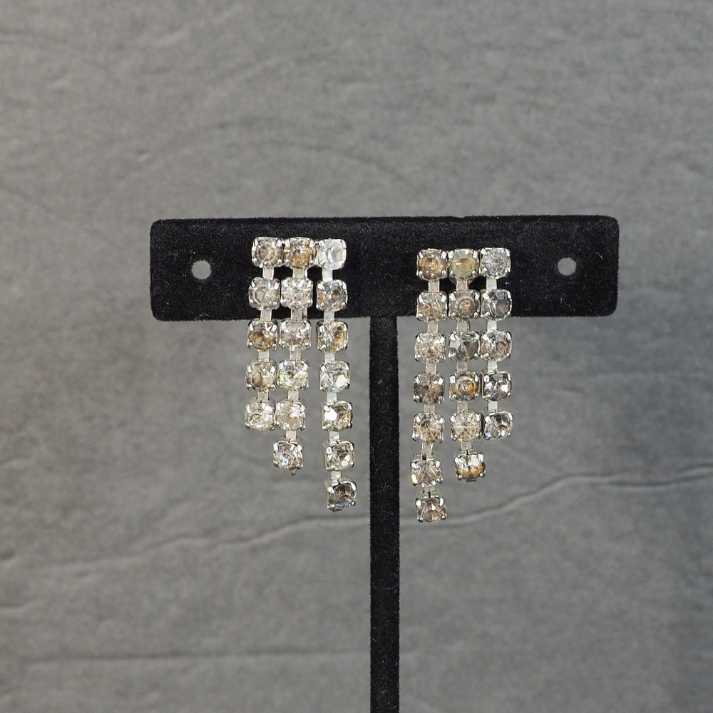 Coro Earrings Silver Tone Gray Rhinestone Waterfall Tiered Dangle Screw Back VTG